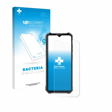 Face avant d’un emballage produit avec le logo de la marque upscreen. À côté, l’appareil Oukitel WP28 S est représenté avec la