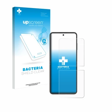 Face avant d’un emballage produit avec le logo de la marque upscreen. À côté, l’appareil Nubia Flip 5G est représenté avec la 