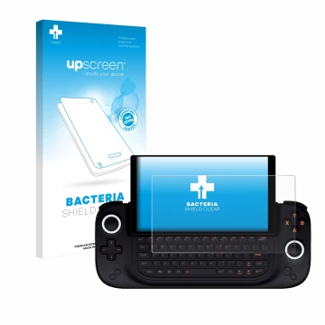 Face avant d’un emballage produit avec le logo de la marque upscreen. À côté, l’appareil Ayaneo Slide est représenté avec la p