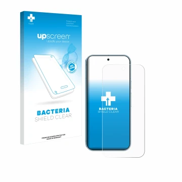 Face avant d’un emballage produit avec le logo de la marque upscreen. À côté, l’appareil Google Pixel 9 Pro est représenté ave