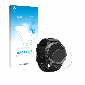 Face avant d’un emballage produit avec le logo de la marque upscreen. À côté, l’appareil Sanorum Smartwatch 1.43