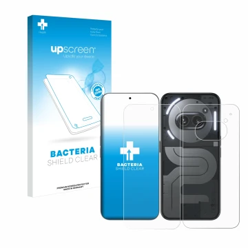 Face avant d’un emballage produit avec le logo de la marque upscreen. À côté, l’appareil Nothing Phone (2a) Plus (Avant+Arrièr