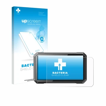 Face avant d’un emballage produit avec le logo de la marque upscreen. À côté, l’appareil Ricoel Motorcycle CarPlay C7 II est r