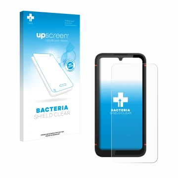 Face avant d’un emballage produit avec le logo de la marque upscreen. À côté, l’appareil Gigaset GX4 Pro est représenté avec l