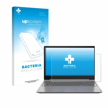 Face avant d’un emballage produit avec le logo de la marque upscreen. À côté, l’appareil Lenovo 15.6