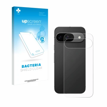 Face avant d’un emballage produit avec le logo de la marque upscreen. À côté, l’appareil Google Pixel 9 (Arrière) est représen