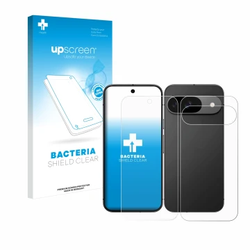 Face avant d’un emballage produit avec le logo de la marque upscreen. À côté, l’appareil Google Pixel 9 (Avant+Arrière) est re