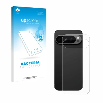 Face avant d’un emballage produit avec le logo de la marque upscreen. À côté, l’appareil Google Pixel 9 Pro (Arrière) est repr