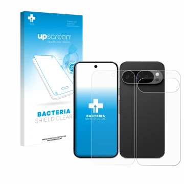 Face avant d’un emballage produit avec le logo de la marque upscreen. À côté, l’appareil Google Pixel 9 Pro (Avant+Arrière) es