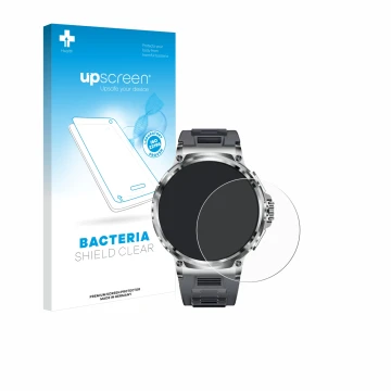 Face avant d’un emballage produit avec le logo de la marque upscreen. À côté, l’appareil Smartwatch V69 1.85