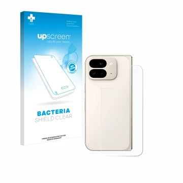Face avant d’un emballage produit avec le logo de la marque upscreen. À côté, l’appareil Google Pixel 9 Pro Fold (Arrière) est