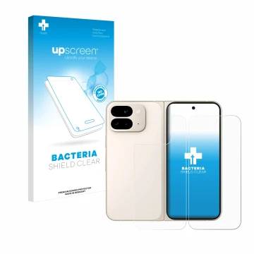 Face avant d’un emballage produit avec le logo de la marque upscreen. À côté, l’appareil Google Pixel 9 Pro Fold (Avant+Arrièr