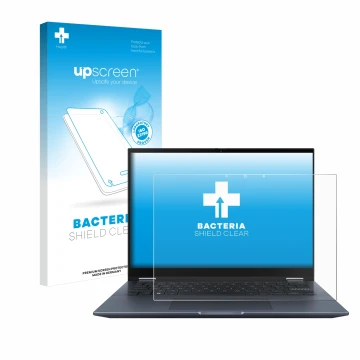 Face avant d’un emballage produit avec le logo de la marque upscreen. À côté, l’appareil ASUS Vivobook S 14 Flip TN3402 est re