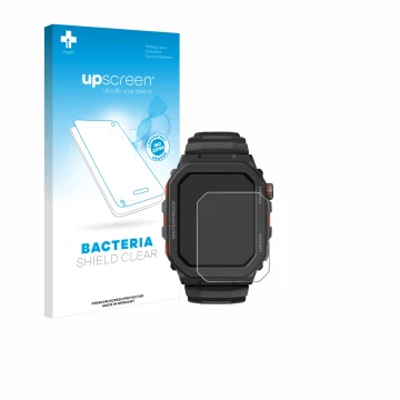Face avant d’un emballage produit avec le logo de la marque upscreen. À côté, l’appareil Zeblaze Ares GPS est représenté avec 