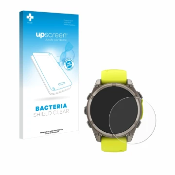 Face avant d’un emballage produit avec le logo de la marque upscreen. À côté, l’appareil Garmin Fenix 8 Solar (47 mm) est repr