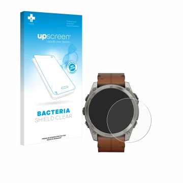 Face avant d’un emballage produit avec le logo de la marque upscreen. À côté, l’appareil Garmin Fenix 8 AMOLED (51 mm) est rep