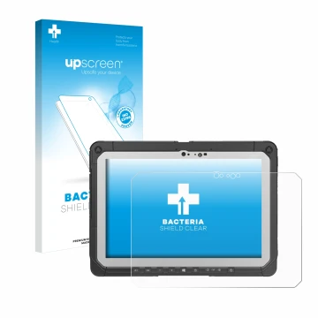 Face avant d’un emballage produit avec le logo de la marque upscreen. À côté, l’appareil Panasonic Toughbook CF-20 MK2 est rep