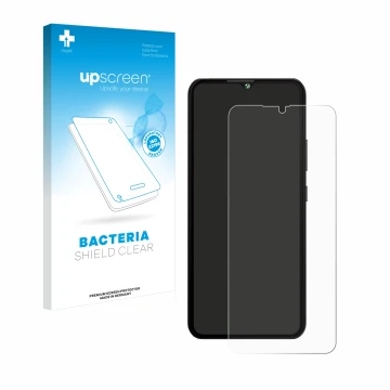 Face avant d’un emballage produit avec le logo de la marque upscreen. À côté, l’appareil Cubot A10 est représenté avec la prot