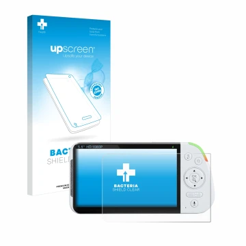 Face avant d’un emballage produit avec le logo de la marque upscreen. À côté, l’appareil Babysense MaxView-2CAM 5,5