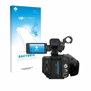 Face avant d’un emballage produit avec le logo de la marque upscreen. À côté, l’appareil Sony PXW-Z200 est représenté avec la 