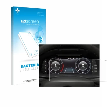 Face avant d’un emballage produit avec le logo de la marque upscreen. À côté, l’appareil Skoda Virtual Cockpit 10.25