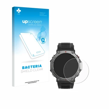 Face avant d’un emballage produit avec le logo de la marque upscreen. À côté, l’appareil Huami Amazfit T-Rex 3 est représenté 