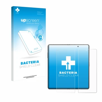 Face avant d’un emballage produit avec le logo de la marque upscreen. À côté, l’appareil Honor Magic V3 (inneres Display) est 