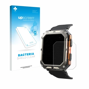 Face avant d’un emballage produit avec le logo de la marque upscreen. À côté, l’appareil Findtime Smartwatch 1.83