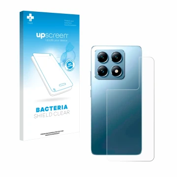 Face avant d’un emballage produit avec le logo de la marque upscreen. À côté, l’appareil Xiaomi 14T Pro (Arrière) est représen