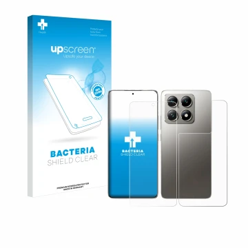 Face avant d’un emballage produit avec le logo de la marque upscreen. À côté, l’appareil Xiaomi 14T Pro (Avant+Arrière) est re