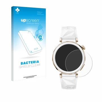 Face avant d’un emballage produit avec le logo de la marque upscreen. À côté, l’appareil Huawei Watch GT 5 Pro (42 mm) est rep