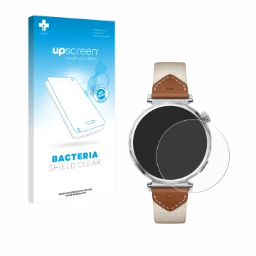 Face avant d’un emballage produit avec le logo de la marque upscreen. À côté, l’appareil Huawei Watch GT 5 (41 mm) est représe