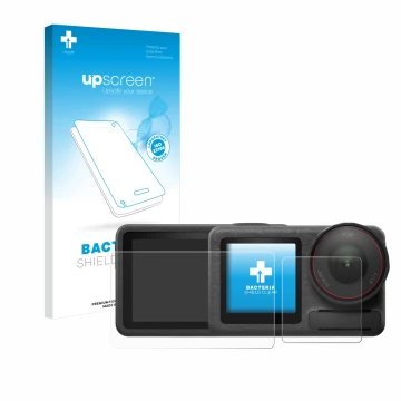 Face avant d’un emballage produit avec le logo de la marque upscreen. À côté, l’appareil DJI Osmo Action 5 Pro est représenté 