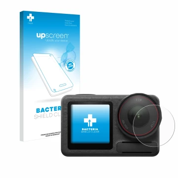 Face avant d’un emballage produit avec le logo de la marque upscreen. À côté, l’appareil DJI Osmo Action 5 Pro (Lentille) est 