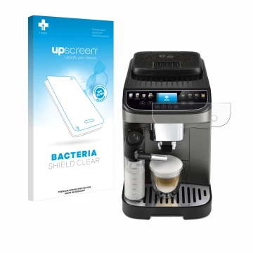 Face avant d’un emballage produit avec le logo de la marque upscreen. À côté, l’appareil DeLonghi Magnifica Evo Next est repré