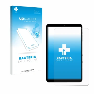 Face avant d’un emballage produit avec le logo de la marque upscreen. À côté, l’appareil Alldocube iPlay 60 mini Turbo est rep