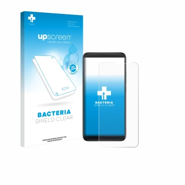 Face avant d’un emballage produit avec le logo de la marque upscreen. À côté, l’appareil TCL 403 est représenté avec la protec