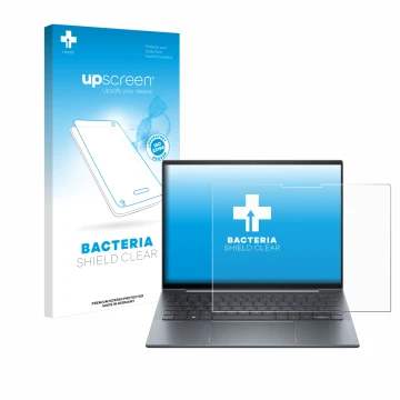 Face avant d’un emballage produit avec le logo de la marque upscreen. À côté, l’appareil HP Dragonfly 13.5
