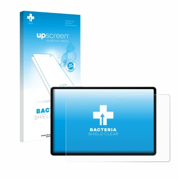 Face avant d’un emballage produit avec le logo de la marque upscreen. À côté, l’appareil Samsung Galaxy Tab S10 Plus WiFi est 