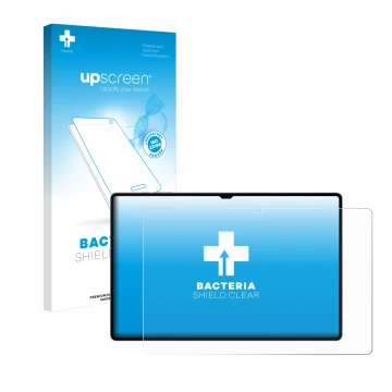 Face avant d’un emballage produit avec le logo de la marque upscreen. À côté, l’appareil Samsung Galaxy Tab S10 Ultra WiFi est