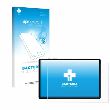 Face avant d’un emballage produit avec le logo de la marque upscreen. À côté, l’appareil Samsung Galaxy Tab S10 Plus 5G est re