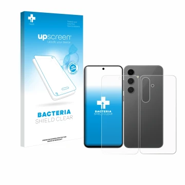 Face avant d’un emballage produit avec le logo de la marque upscreen. À côté, l’appareil Samsung Galaxy S24 FE (Avant+Arrière)