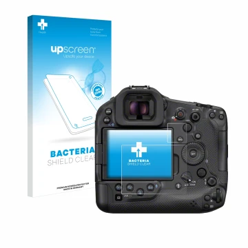 Face avant d’un emballage produit avec le logo de la marque upscreen. À côté, l’appareil Canon EOS R1 est représenté avec la p