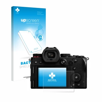 Face avant d’un emballage produit avec le logo de la marque upscreen. À côté, l’appareil Panasonic Lumix DC-S5D est représenté