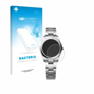 Face avant d’un emballage produit avec le logo de la marque upscreen. À côté, l’appareil Rolex Oyster Perpetual 31 est représe