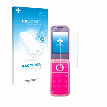 Face avant d’un emballage produit avec le logo de la marque upscreen. À côté, l’appareil HMD Barbie Phone est représenté avec 