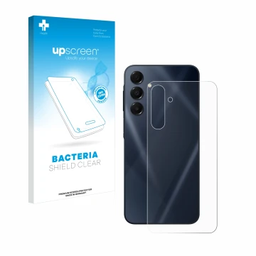 Face avant d’un emballage produit avec le logo de la marque upscreen. À côté, l’appareil Samsung Galaxy A16 5G (Arrière) est r