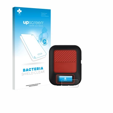 Face avant d’un emballage produit avec le logo de la marque upscreen. À côté, l’appareil Garmin inReach Messenger Plus est rep