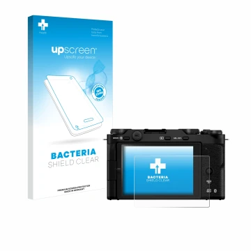 Face avant d’un emballage produit avec le logo de la marque upscreen. À côté, l’appareil Fujifilm X-M5 est représenté avec la 