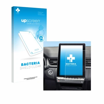 Face avant d’un emballage produit avec le logo de la marque upscreen. À côté, l’appareil Renault Symbioz 2024 est représenté a